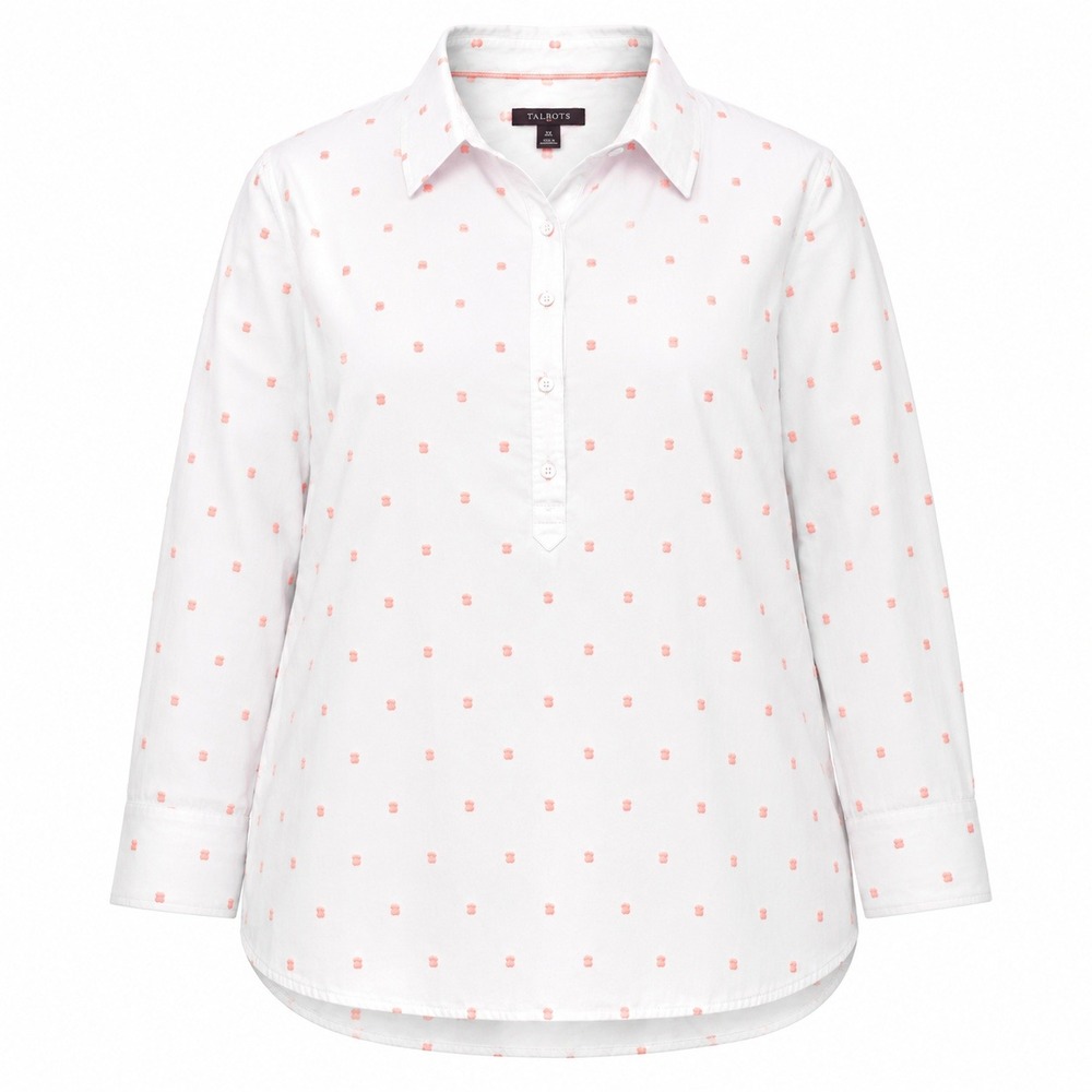 Talbots Plus Womens 3X White Neon Pink Clip Dot Long Sleeve Popover Shirt Blouse